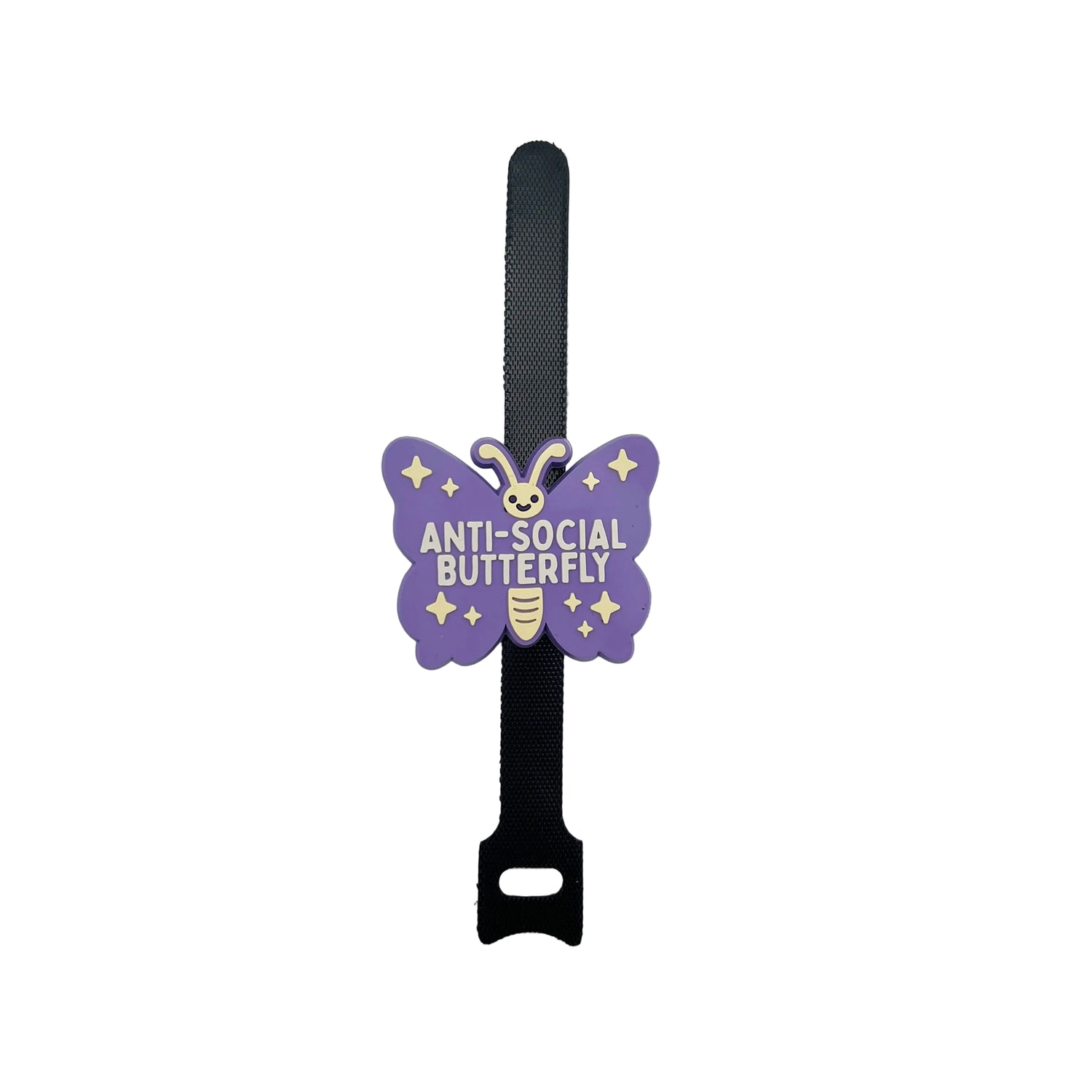 Butterfly-shaped tag with 'Anti-Social Butterfly' text on a black strap against a white background