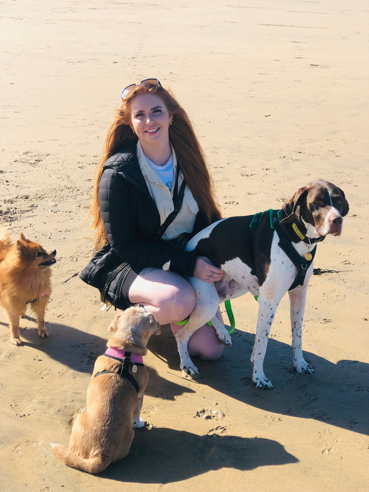 Clara kneeling on the beach with her dogs