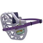 Lilac dog muzzle with black hardware on a grey background