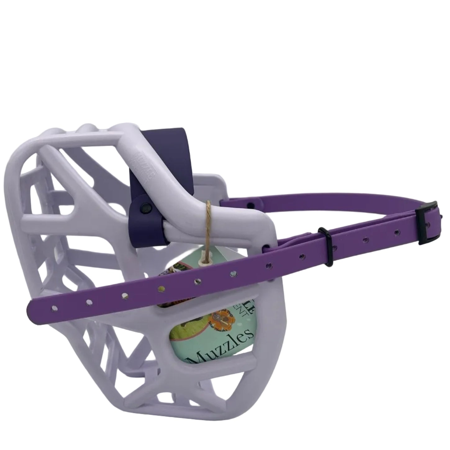 Lilac dog muzzle with black hardware on a grey background