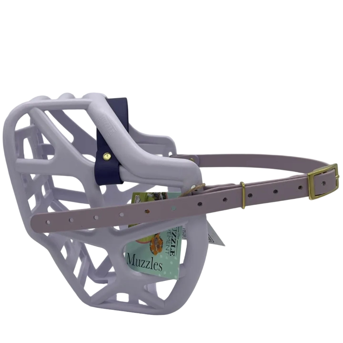 Lilac muzzle with brass hardware on a grey background