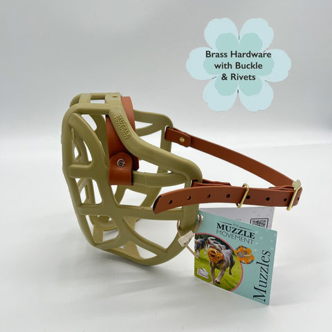 Dog muzzle with brass hardware on a white background