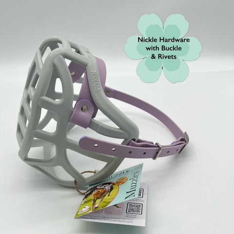 The Muzzle Movement Gray muzzle with Pastel purple strapping