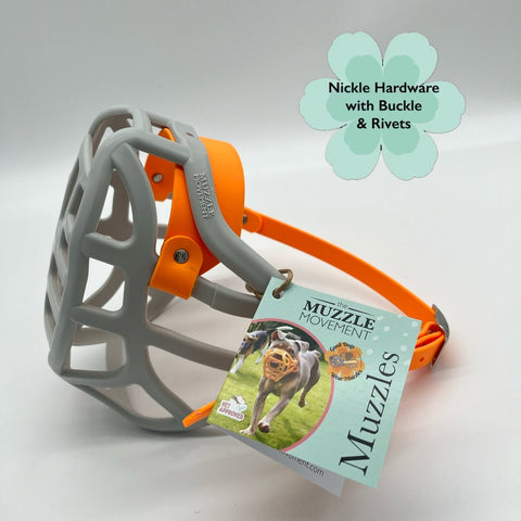 The Muzzle Movement Grey Dog muzzle with Peach Biothane