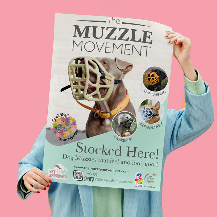 The Muzzle Movement Stocked Here poster held up in a retail space