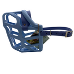 The Muzzle Movement Baby Blue Taz* dog muzzle with periwinkle straps and nickle hardware on a white background