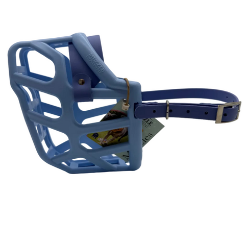 The Muzzle Movement Baby Blue Taz* dog muzzle with periwinkle straps and nickle hardware on a white background