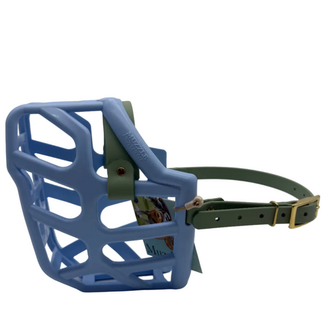 The Muzzle Movement Baby Blue Taz dog muzzle with sage green straps and brass hardware on a white background