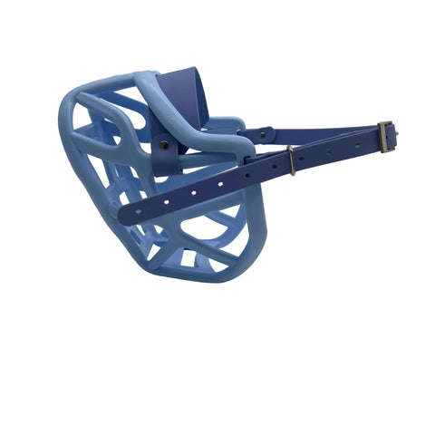 The Muzzle Movement Baby blue harry 2.0 dog muzzle with periwinkle straps with nickle hardware