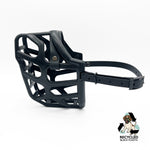 The Muzzle Movement Black Taz dog muzzle with black straps and black hardware with chicago screws on a white background