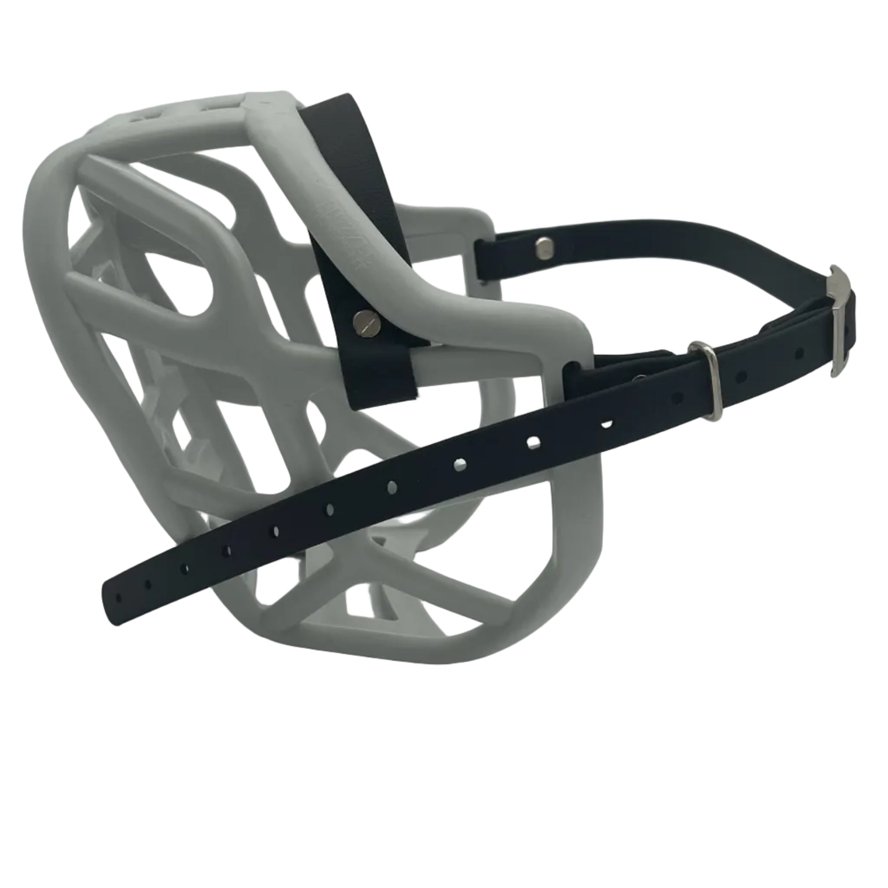 The Muzzle Movement Grey Harry 2.0 dog muzzle with black straps and nickle hardware with chicago screws on a white background
