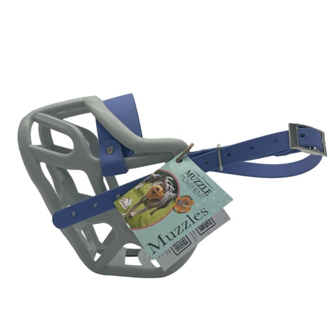 The Muzzle Movement Grey Harry* 2.0 dog muzzle with periwinkle straps and nickle hardware on a white background