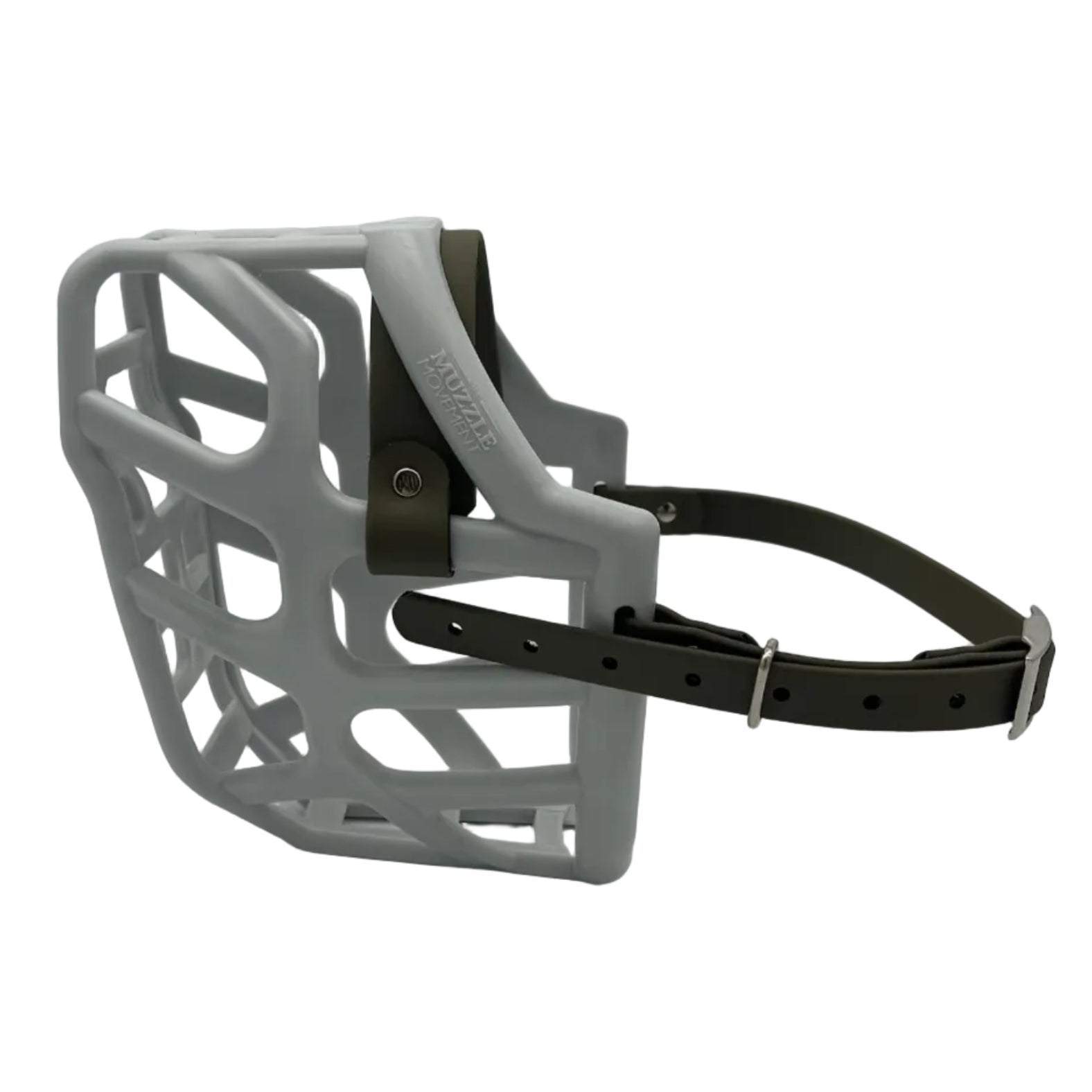 The Muzzle Movement Grey Taz with military olive straps and nickle hardware on a white background