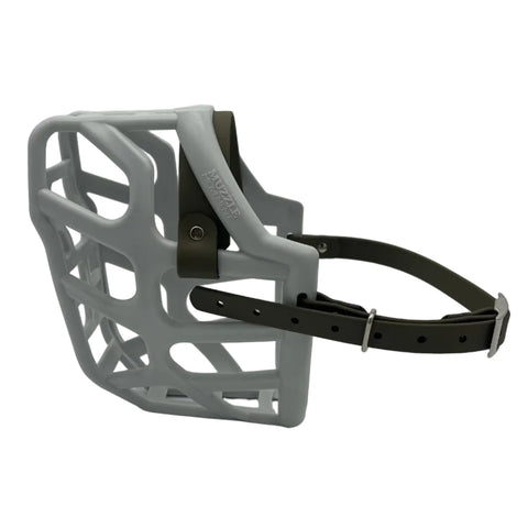 The Muzzle Movement Grey Taz with military olive straps and nickle hardware on a white background