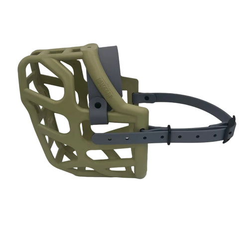 The Muzzle Movement Khaki Taz* Dog Muzzle with grey straps and black hardware on a white background
