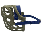 The Muzzle Movement Khaki Taz* dog muzzle with dark blue straps and nickle hardware on a white background