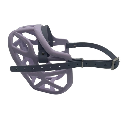 The Muzzle Movement Lilac Harry 2.0 dog muzzle with grey straps and nickle hardware on a white background