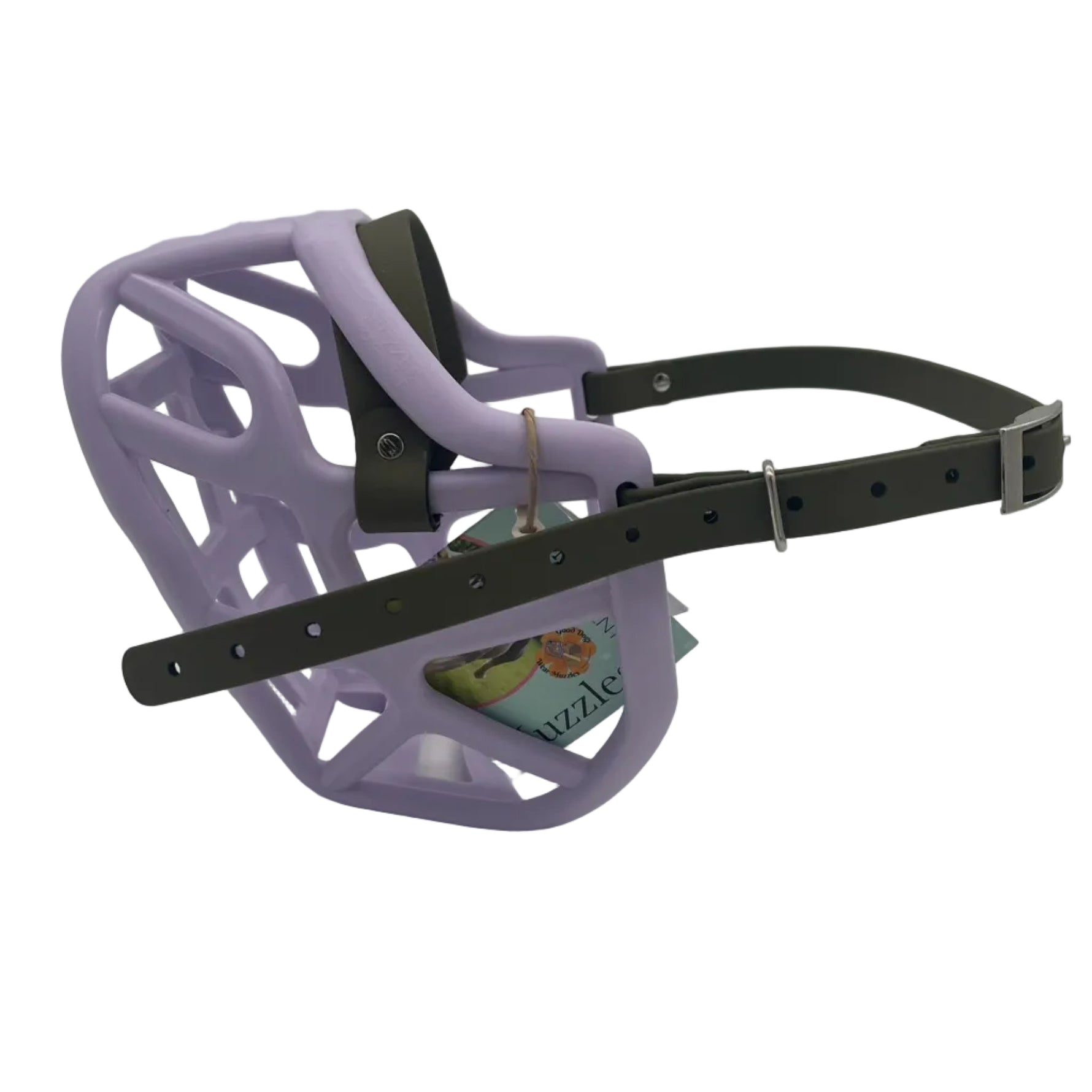 The Muzzle Movement Lilac Harry 2.0 dog muzzle with military olive straps and nickle hardware on a white background
