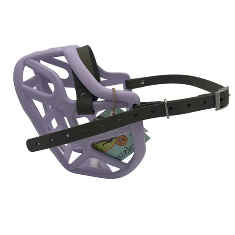 The Muzzle Movement Lilac Harry 2.0 dog muzzle with military olive straps and nickle hardware on a white background