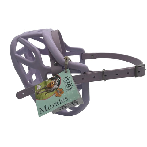 The Muzzle Movement Lilac Harry 2.0 dog muzzle with pastel purple straps and nickle hardware on a white background