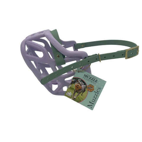 The Muzzle Movement Lilac Harry 2.0 dog muzzle with sage green straps and brass hardware on a white background