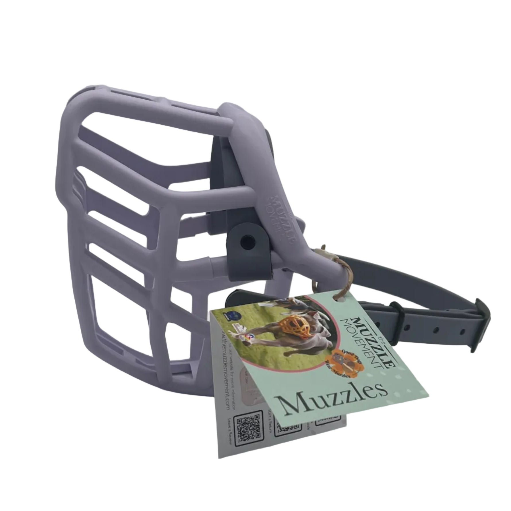 The Muzzle Movement Lilac Neli dog muzzle with grey straps and black hardware on a white background 