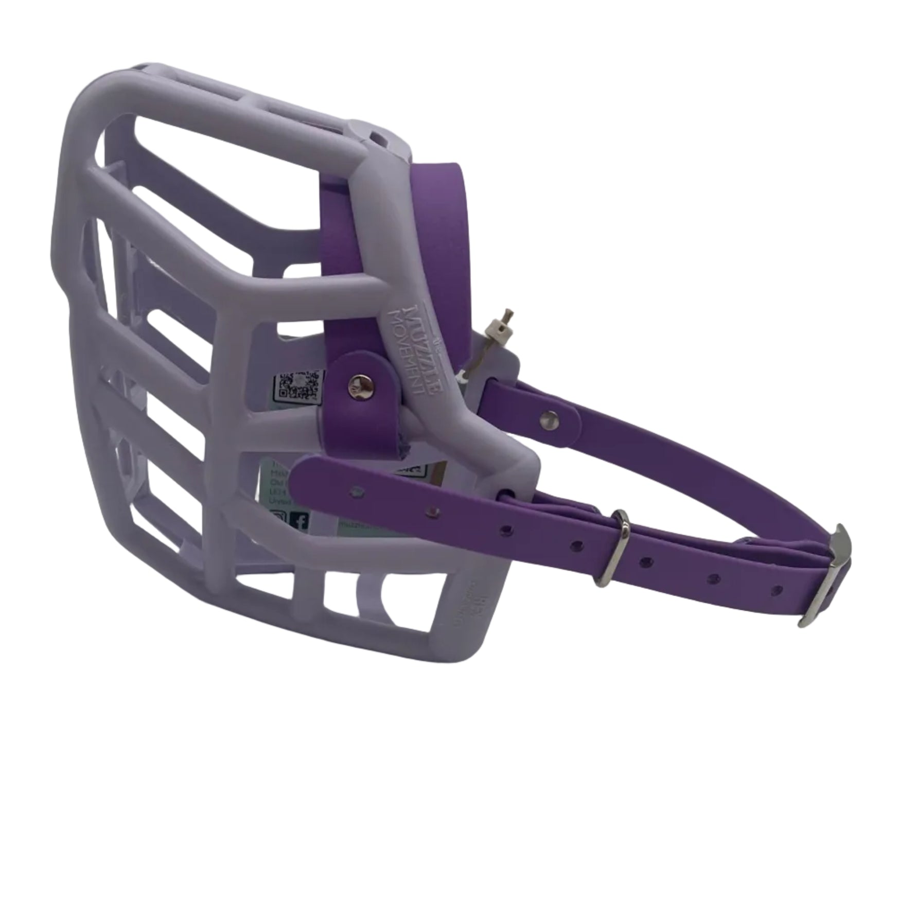 The Muzzle Movement Lilac Rex* dog muzzle with amethyst purple straps and nickle hardware on a white background