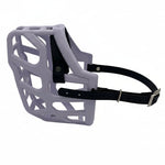 The Muzzle Movement Lilac Taz Dog Muzzle with black straps and nickle chicago screws on a white background