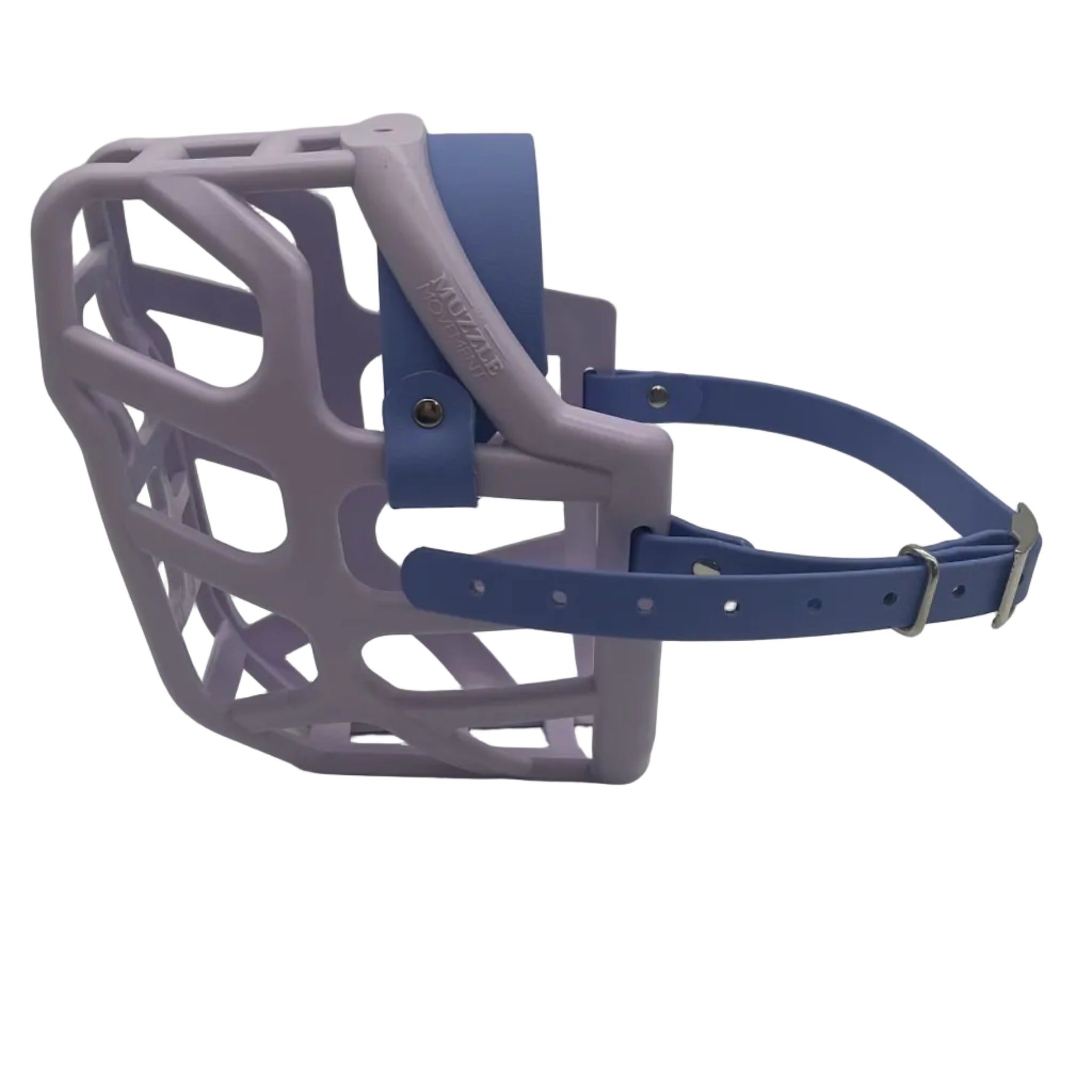 The Muzzle Movement Lilac Taz* dog muzzle with periwinkle straps and nickle hardware on a white background