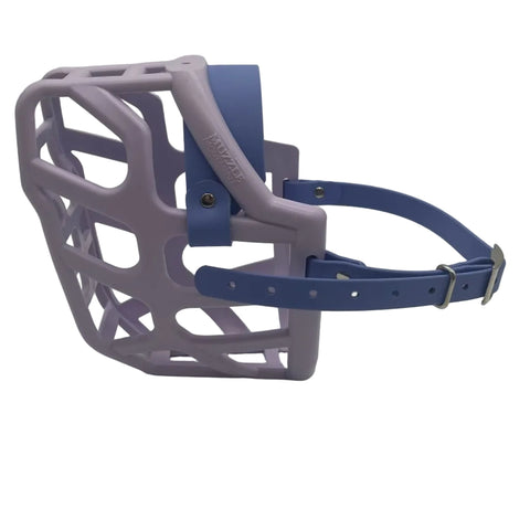 The Muzzle Movement Lilac Taz* dog muzzle with periwinkle straps and nickle hardware on a white background