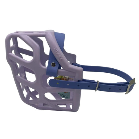The Muzzle Movement Lilac Taz with Periwinkle straps and nickle hardware on a white background