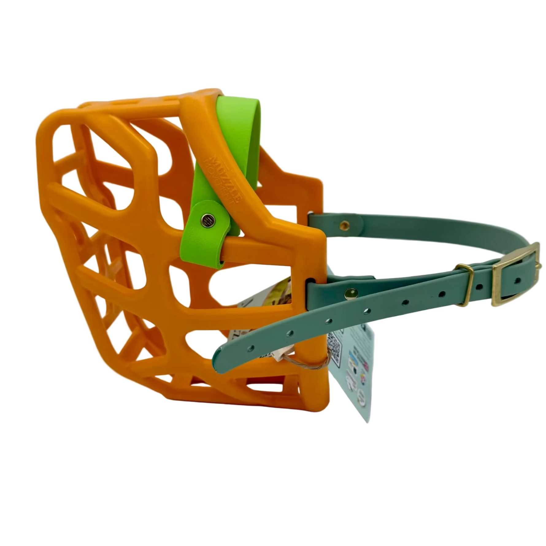 The Muzzle Movement Orange Taz dog muzzle with apple green noseband and sage green straps with nickle hardware on a white background
