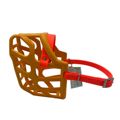 The Muzzle Movement Orange Taz dog muzzle with orange straps and nickle hardware on a white background