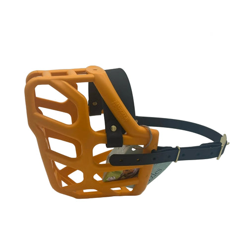 The Muzzle Movement Orange Taz* with black straps and brass hardware on a white background