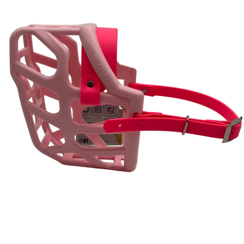The Muzzle Movement Pastel Pink Taz* dog muzzle with Neon pink Straps and nickle hardware on a white background
