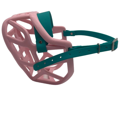 The Muzzle Movement Pastel pink Harry* 2.0 dog muzzle with teal straps and nickle hardware on a white background