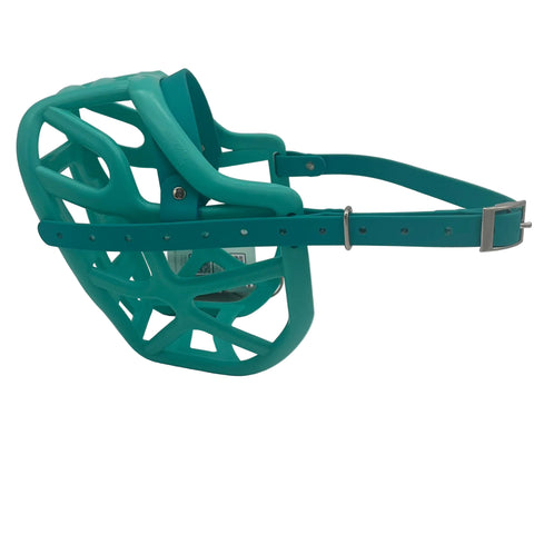 The Muzzle Movement Teal Harry 2.0 dog muzzle with teal straps and nickle hardware on a white background