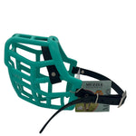 The Muzzle Movement Teal Neli dog muzzle with black straps, nickle hardware and chicago screws on a white background