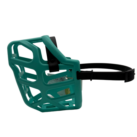The Muzzle Movement Teal Taz Dog Muzzle with black straps and black hardware on a white background