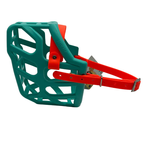 The Muzzle Movement Teal Taz dog muzzle with orange straps and nickle hardware on a white background