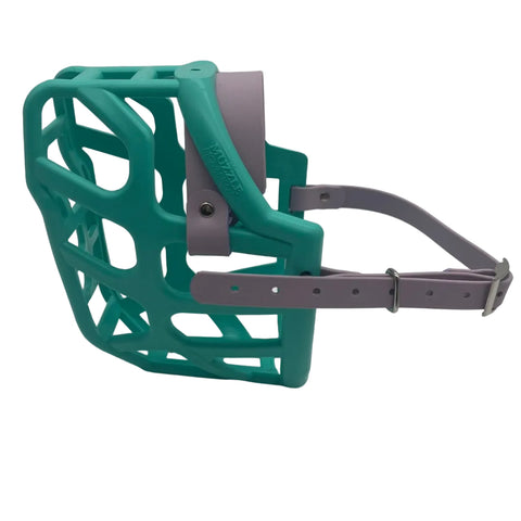 The Muzzle Movement Teal Taz* dog muzzle with pastel purple straps and nickle hardware on a white background