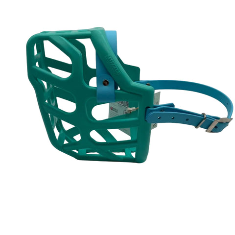The Muzzle Movement Teal Taz dog muzzle with skyan blue straps and nickle hardware on a white background