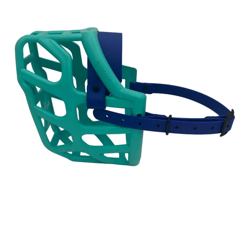 The Muzzle Movement Teal Taz* with dark blue straps and black hardware on a white background