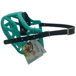 The Muzzle Movement Teal harry 2.0 dog muzzle with black straps and nickle hardware on a white background