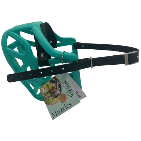 The Muzzle Movement Teal harry 2.0 dog muzzle with black straps and nickle hardware on a white background