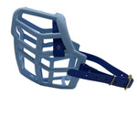 The Muzzle Movement baby blue Neli dog muzzle with dark blue straps and nickle hardware on a white background