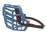 The Muzzle Movement baby blue Neli dog muzzle with light brown straps and nickle hardware on a white background