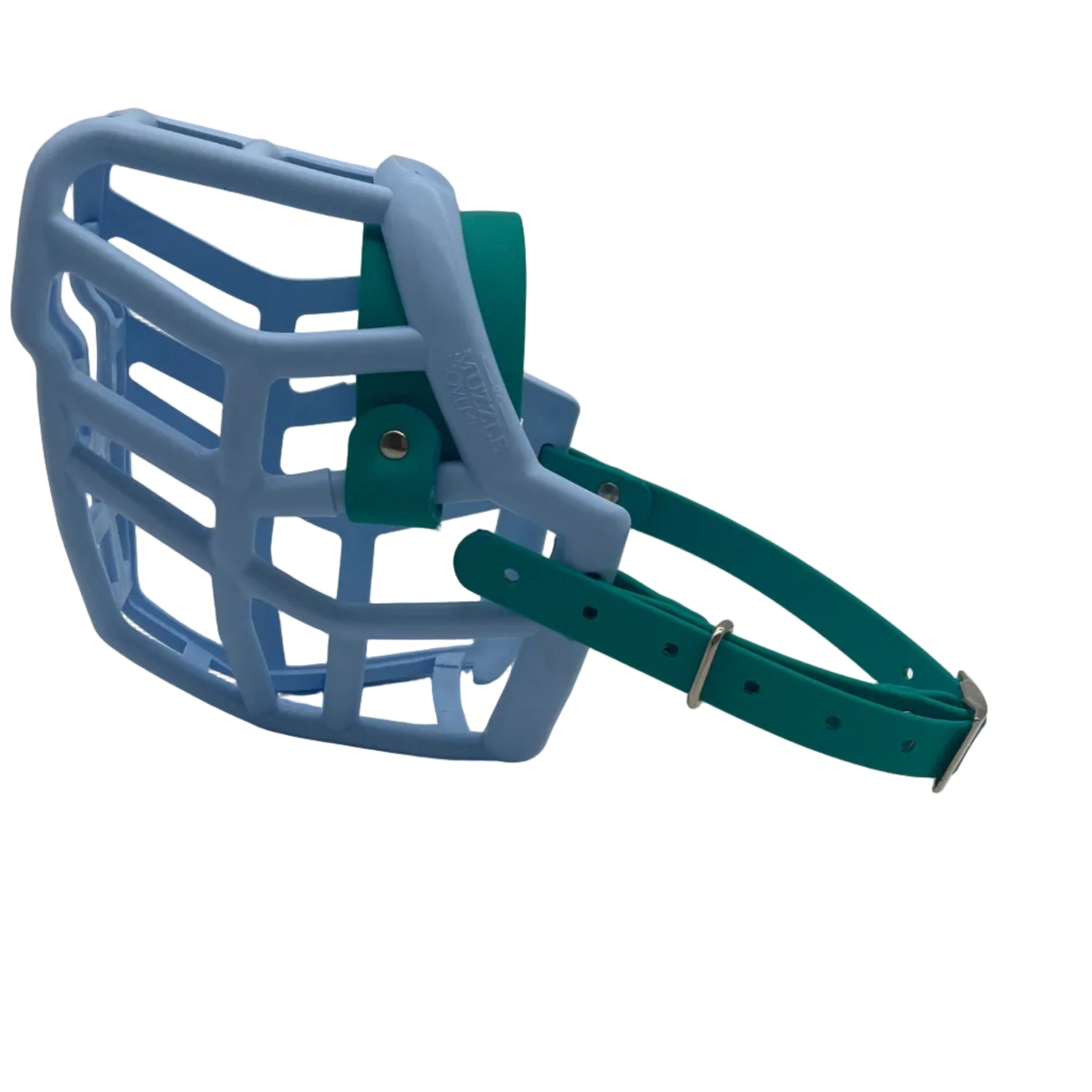 The Muzzle Movement baby blue Neli* dog muzzle with teal straps and nickle hardware on a white background