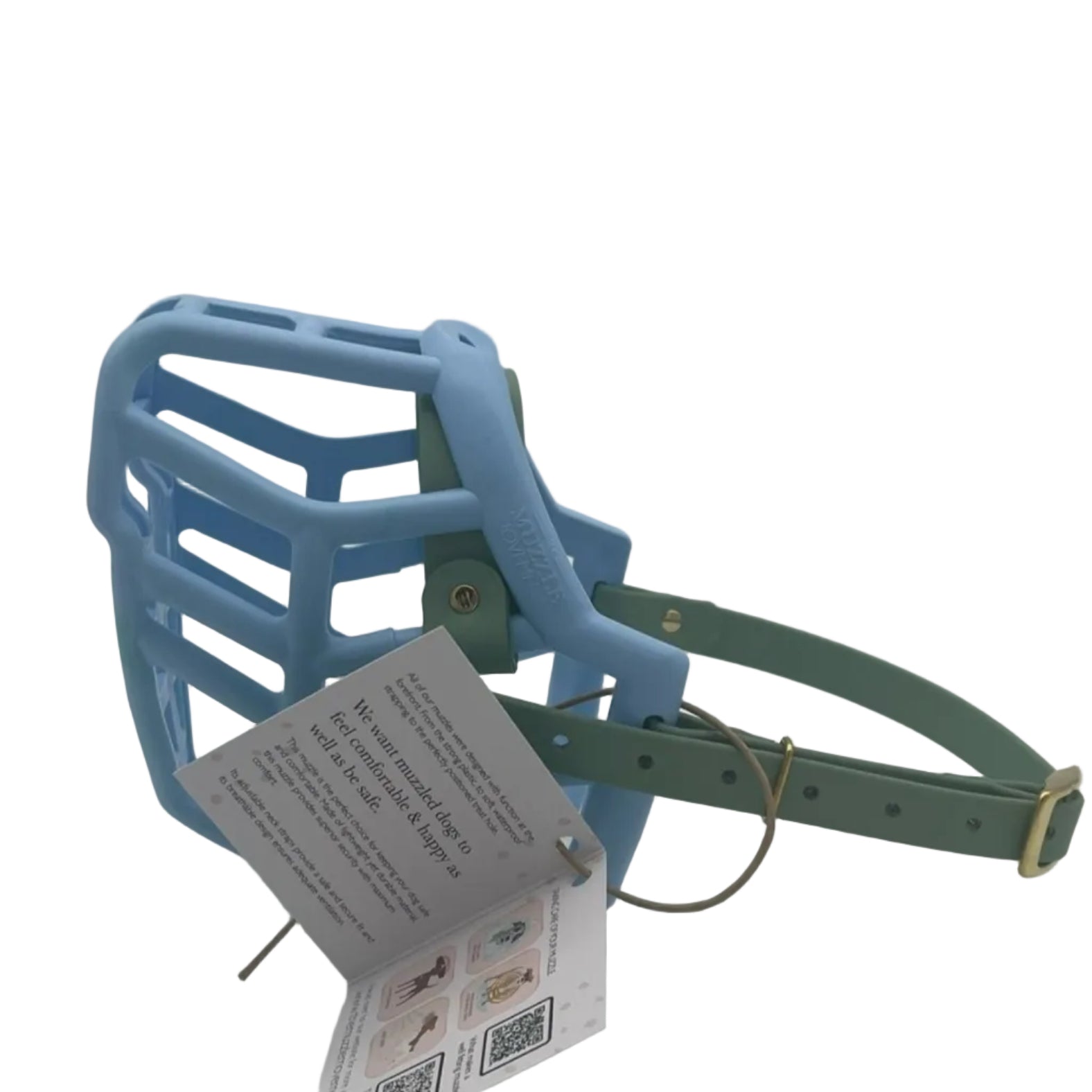 The Muzzle Movement baby blue Neli with sage green straps and brass hardware on a white background