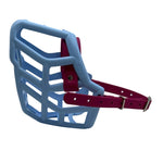 The Muzzle Movement baby blue rex dog muzzle with magenta straps and nickle hardware on a white background